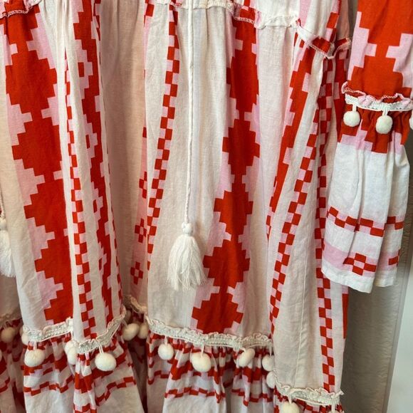 Bindu White Pink Red Boho Aztec Print 100% Cotton Mini Dress - Size L - EUC - Picture 3 of 9
